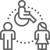 Icon of social model featuring a person using a wheelchair, a female and male in a circle.
